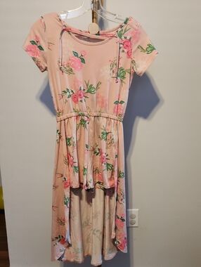Girls Pink Floral High-Low Romper Dress